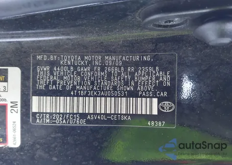 2010 Toyota Camry Se z USA, uszkodzony, nr VIN 4T1BF3EK3AU050531
